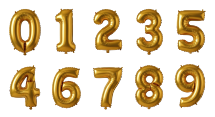 Gold balloon numbers set 0-9 on transparent background
