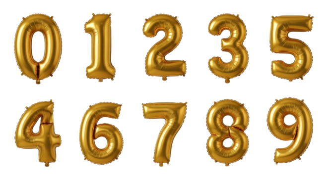 Gold balloon numbers set 0-9 on transparent background - Powered by Adobe