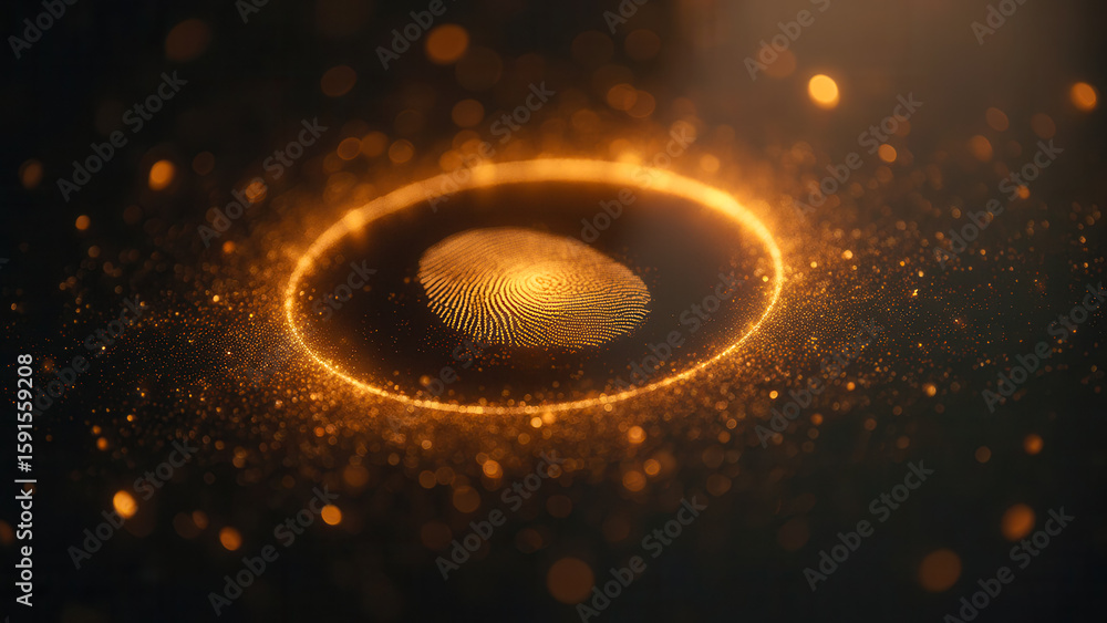 Aufkleber golden fingerprint illuminated by shimmering particles on dark background for digital concepts