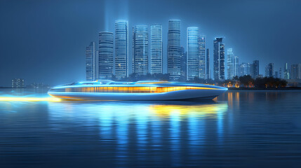 Futuristic yacht gliding on water, illuminated by city lights.  Modern vessel against a backdrop of skyscrapers at night.  Dynamic water reflections