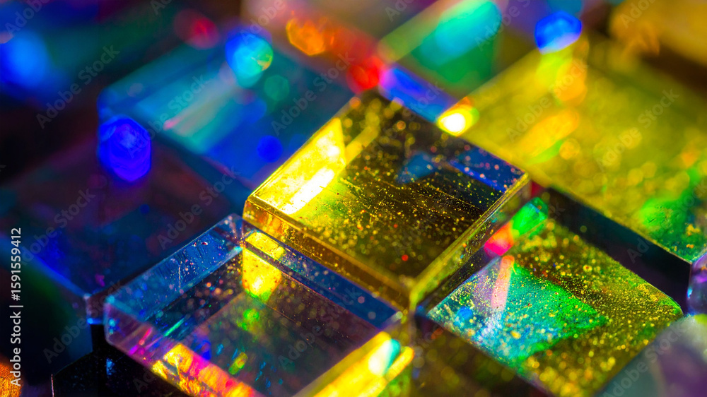 Poster a close-up reveals vibrant square glass tiles with shimmering, iridescent surfaces reflecting a spec