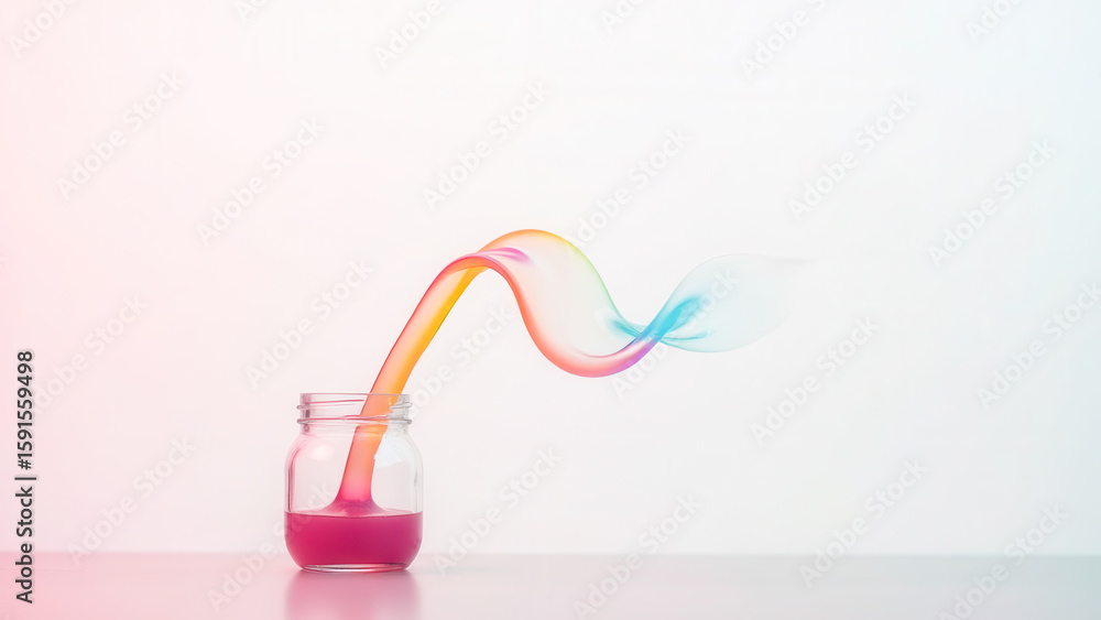Poster colorful flowing liquid in glass jar creating dynamic swirls and patterns against white background