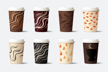 Collection of coffee cups featuring diverse artistic designs