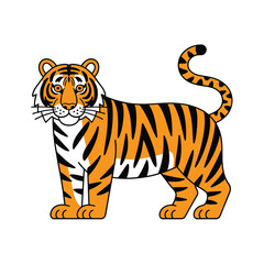 Stylized cartoon tiger with orange and black stripes standing against a white background
