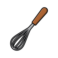 Cartoon illustration of a kitchen whisk with a brown handle on a white background