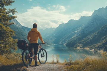 Active man on a bike in the middle of beautiful nature, standing by his bicycle and admiring the breathtaking view of the mountains, promoting an active and healthy lifestyle, Generative AI