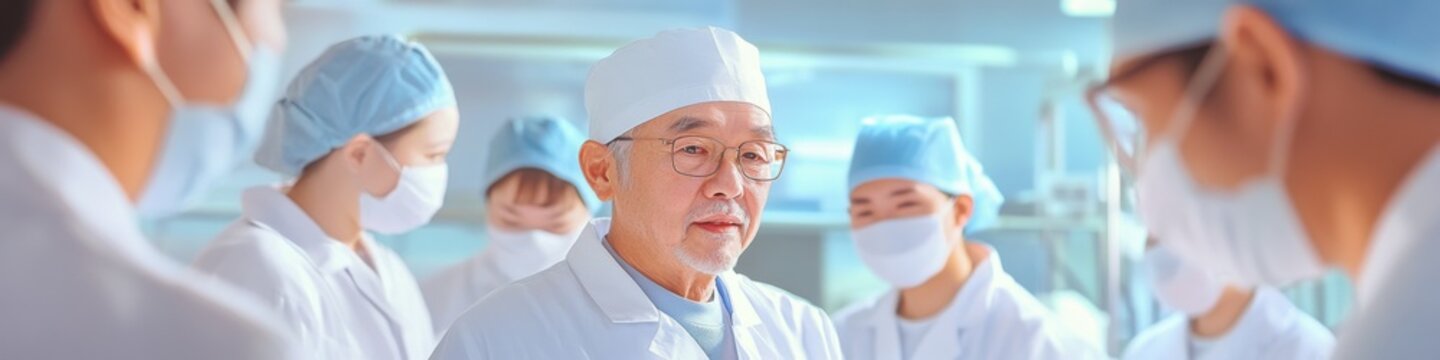 Elderly Asian male can exhauster operator instructs trainees on procedures in a workshop setting