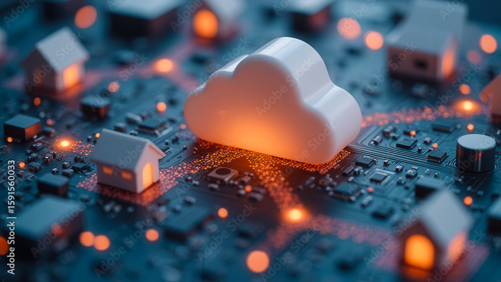Poster cloud computing concept with houses on circuit board and glowing connections