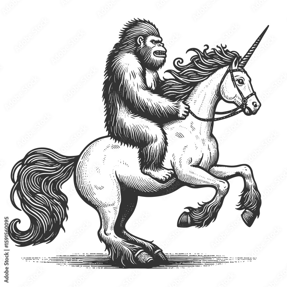 Poster yeti riding a majestic unicorn sketch engraving generative ai fictional character vector illustratio