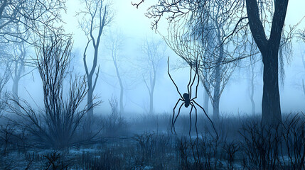Foggy forest scene with large spider.  Silhouette of a huge spider in a misty, barren woodland.  Trees are leafless and skeletal, contributing to a spooky atmosphere