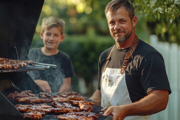 Portrait of a father and son outdoors, grilling together at a garden barbecue, highlighting family traditions and outdoor culinary activities, Generative AI