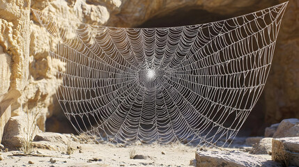 Massive spiderweb, glistening with dew, spans a cave opening in a sun-drenched desert