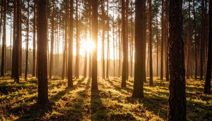 Obraz premium Golden sunlight filters through a dense pine forest
