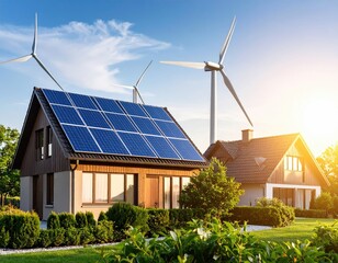 Eco-friendly houses with solar panels and wind turbines