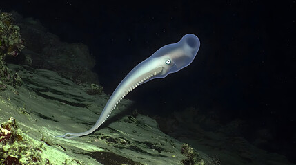 Translucent cephalopod, likely a deep-sea squid,  with a long, slender body, and a light-grayish, almost transparent,  casing,  moving across a rocky seafloor