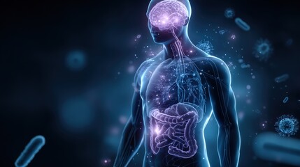 Dynamic human anatomy illustration showcasing organs and systems illuminated against a dark background