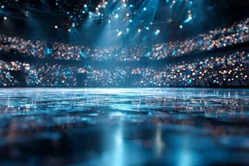 Futuristic Blue Stage With Crowd In Dark Arena
