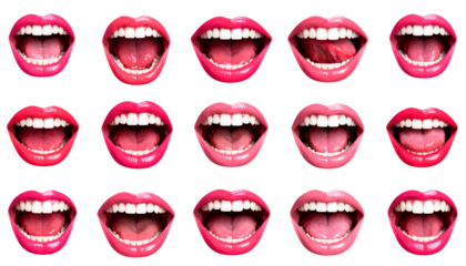 collage of screaming mouths with lip stick on lips isolated on transparent background