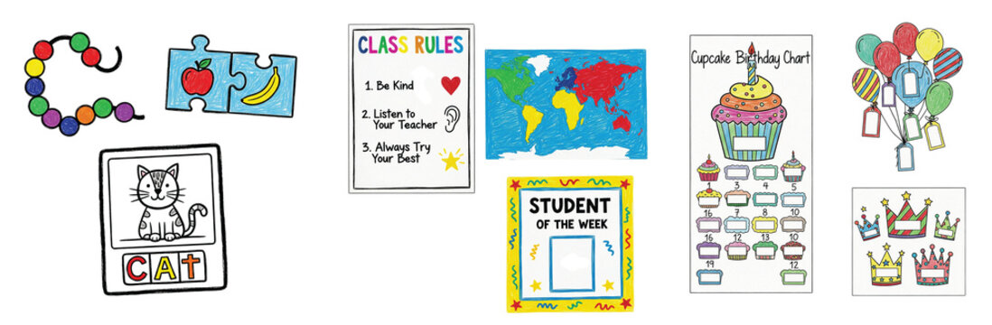 Collection of vibrant classroom and learning visuals: colorful bead counting, fruit puzzles, "Class Rules" poster, world map, "Student of the Week" template, cupcake birthday chart