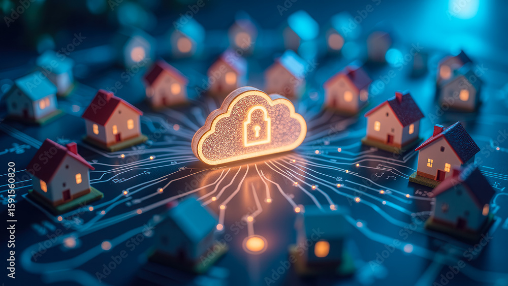 Poster secure cloud computing concept with miniature houses and data connection visuals