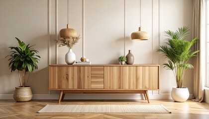 Slim teak console with no handles or seams centered in matte room with layered neutral tones and soft ambient contrast 