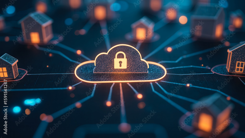 Poster digital cloud with padlock symbol representing secure home network connection technology