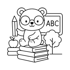 Cute baby bear and classroom scene, line art coloring page