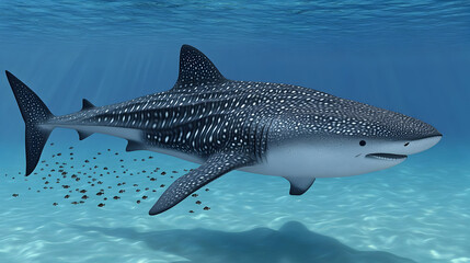 Oceanic shark with speckled pattern, swimming with small fish in shallow water
