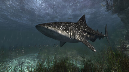 Underwater shot of a large, spotted shark.  Dark gray/black body with light gray spots.  Surrounded by aquatic plants and small fish.  Clear water