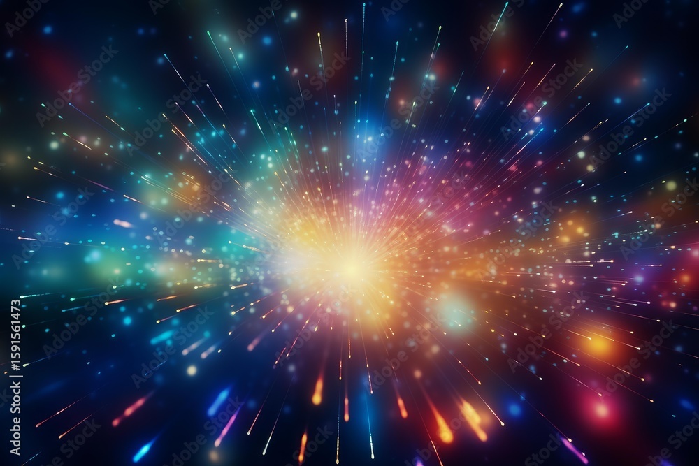 Poster colorful particles exploding from the center creating an abstract background with bokeh effect