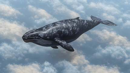 Large whale soaring through fluffy clouds.  Detailed view of its mottled gray-blue skin