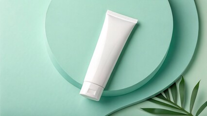 White tube of cosmetic cream or lotion product on a light green background with geometric shapes and a palm leaf.