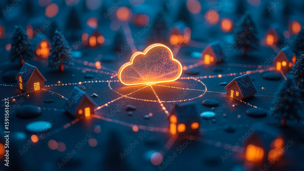 Aufkleber digital cloud concept with houses and trees connected by light network in a fantasy setting