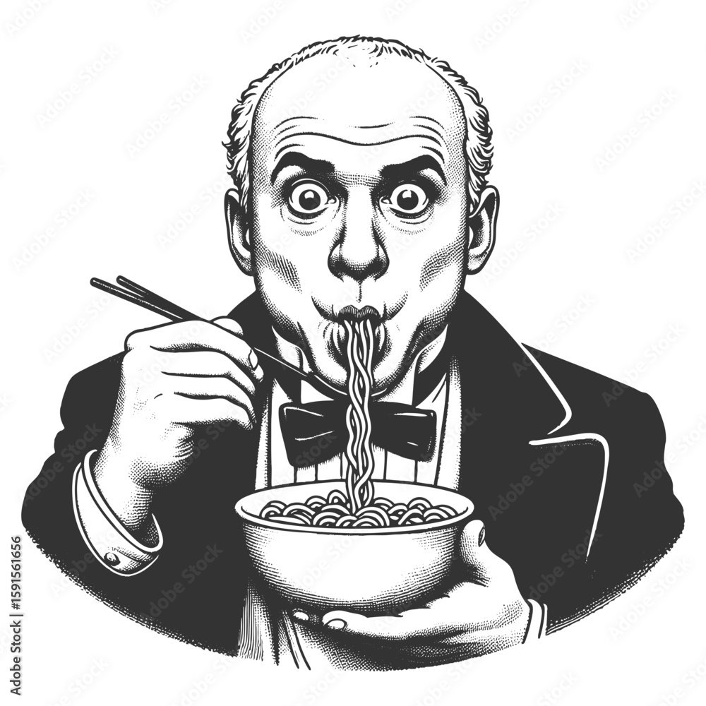 Poster funny wide-eyed victorian man exaggeratedly slurping noodles from bowl with a stunned expression ske