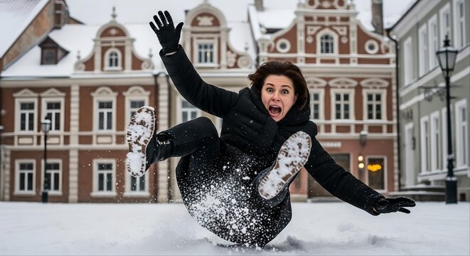 Women falling slipping on the snowy winter street