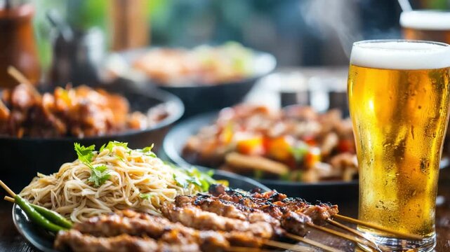 Grilled meat skewer with noodles fresh herb cold beer wooden table food meal dinner lunch warm inviting dining atmosphere perfect for lunch or dinner meal wooden table with fresh herbs and cold beer