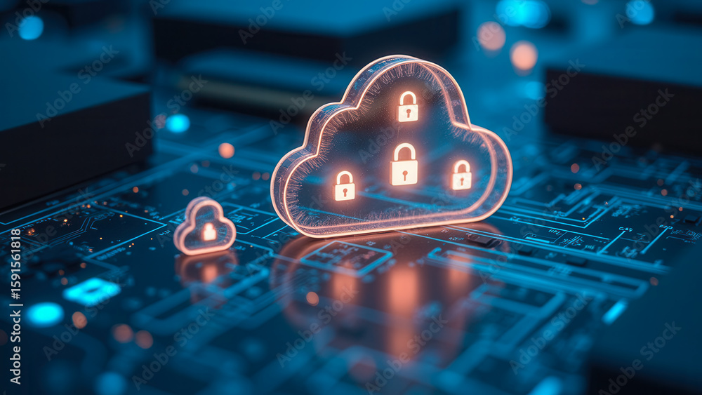 Poster digital cloud storage with security locks on circuit board background for cybersecurity concepts