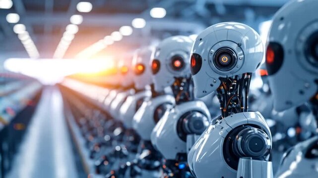 A futuristic line of robots with glowing red eyes, arranged in a factory setting with bright lighting and metallic tones