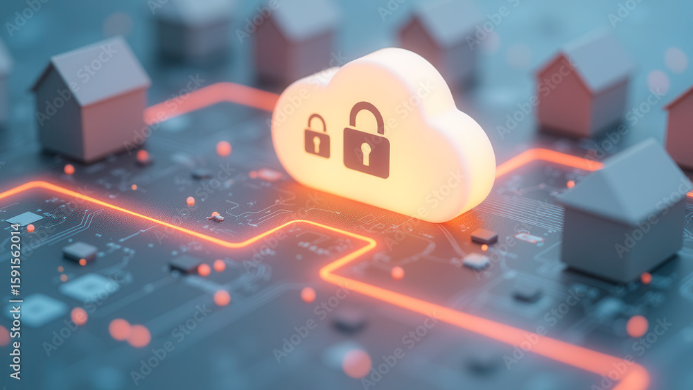 Poster digital cloud security concept with lock symbol on circuit board and houses representation