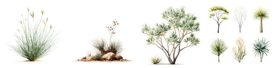 Watercolor Desert Plants Collection Isolated on White Background
