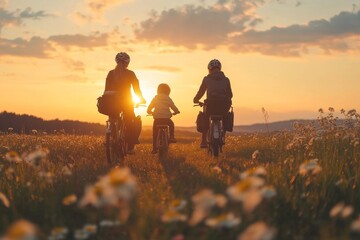 Young family on a bike trip together in nature, the outdoors and promoting healthy, active family activities, Generative AI