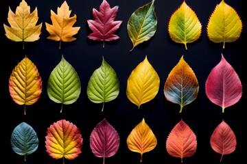 Vibrant collection of autumn and spring leaves displayed