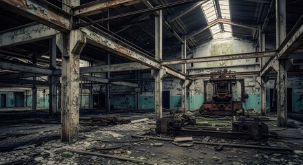 Abandoned Industrial Factory Interior with Decaying Machinery and Rusty Beams