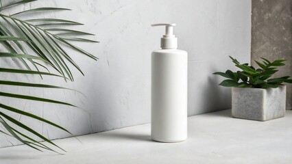 White pump bottle stands on a surface next to a potted plant and palm leaf against a textured wall.