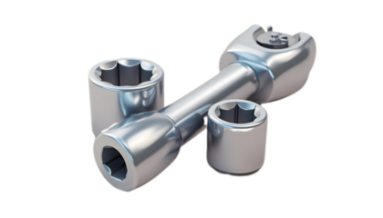 Metal Ratchet Wrench with Adjustable Sockets on Transparent Background