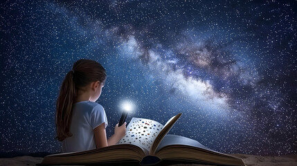 A young girl sits on a giant open book, illuminated by a flashlight, gazing at the celestial wonders depicted within.  A spectacular Milky Way stretches across the night sky