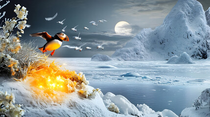Arctic puffin taking flight, a winter wonderland scene.  A puffin, surrounded by snowy, icy landscape, takes flight. Flocks of seabirds soar above a frozen lake, 