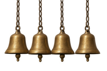 Golden bells suspended on delicate chains, gleaming against transparent backdrop, embodying timeless elegance