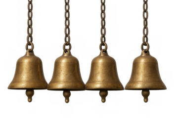 Golden bells suspended on delicate chains, gleaming against transparent backdrop, embodying timeless elegance