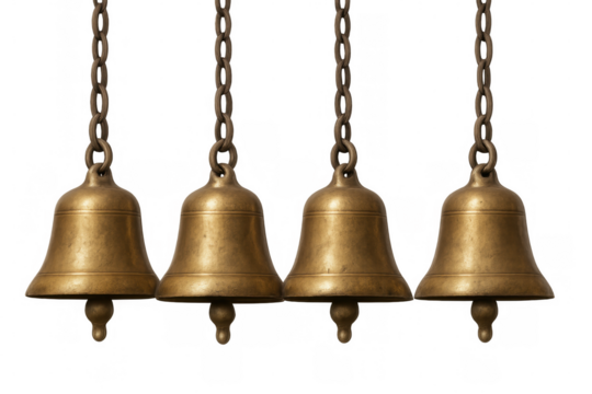 Golden bells suspended on delicate chains, gleaming against transparent backdrop, embodying timeless elegance